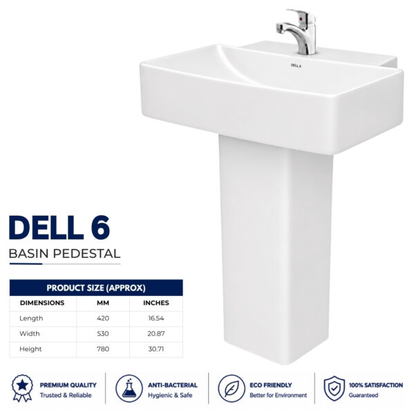 Dell 6 Wash Basin Pedestal white ceramic floor mounted