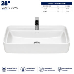 28 Inch Vanity Wash Basin by Dell Sanitary Ware in White Ceramic Finish