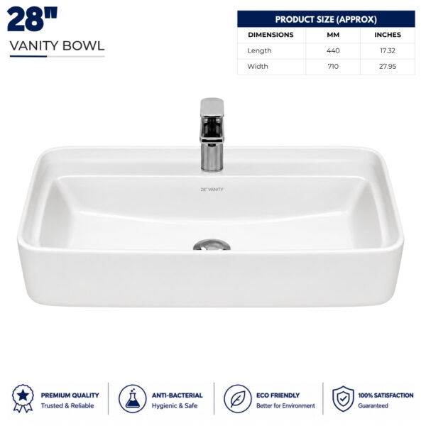 28 Inch Vanity Wash Basin by Dell Sanitary Ware in White Ceramic Finish