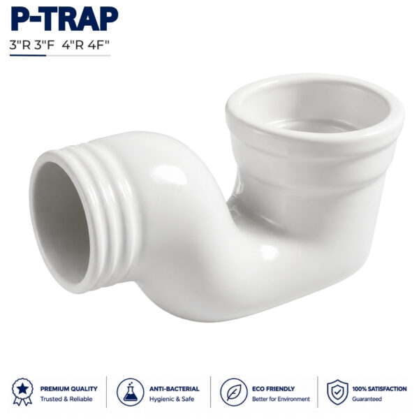 Ceramic P trap pipe with glossy finish for bathroom drainage